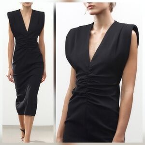 Zara ZW Collection Shoulder Pad Vneck Midi Dress Black Gathered Front